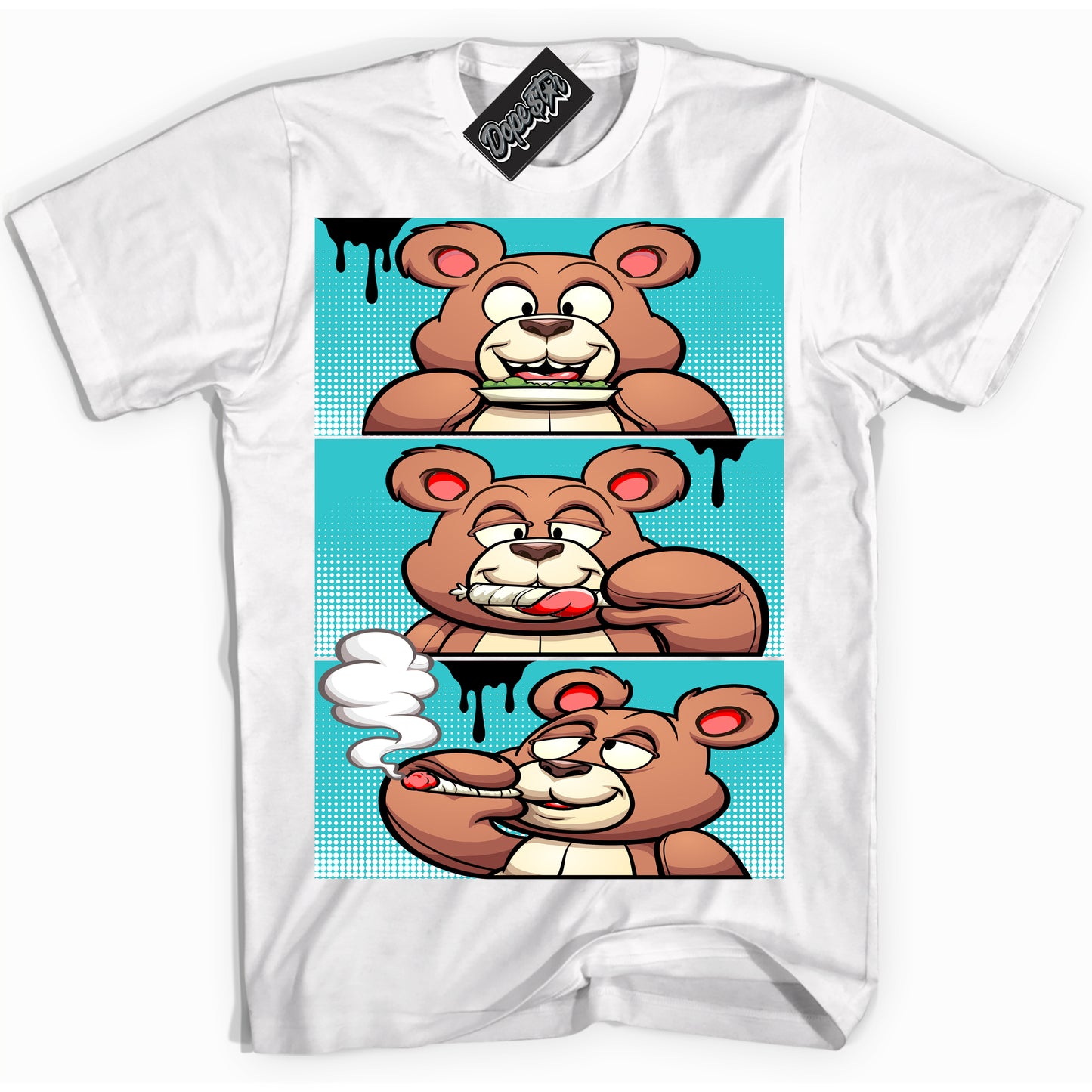 Cool White Shirt with “Roll It Lick It Smoke It Bear” design that perfectly matches Black Dusty Cactus Dunk.
