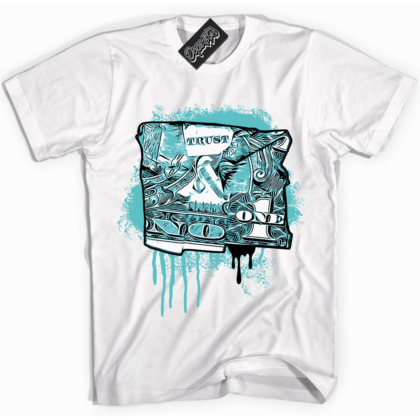 Cool White Shirt with “Trust No One Dollar” design that perfectly matches Black Dusty Cactus Dunk.

