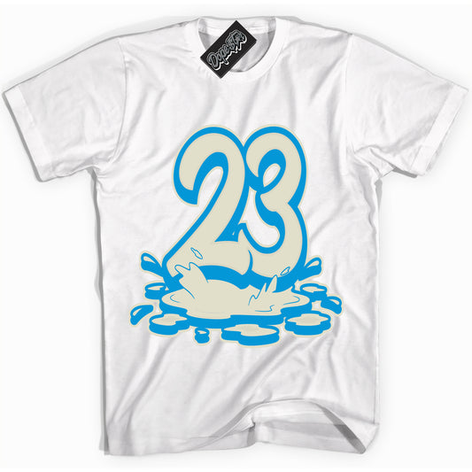 Cool White Shirt with “23 Melting” design that perfectly matches Coconut Milk University Blue Dunk.

