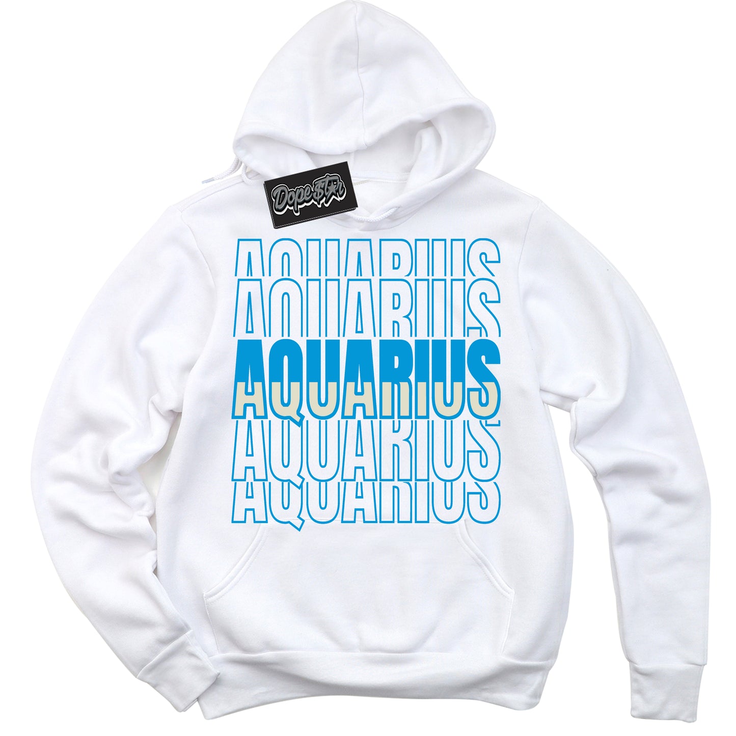 Cool White Hoodie with “Aquarius” design that Perfectly Matches Coconut Milk University Blue Dunk.
