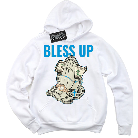 Cool White Hoodie with “Bless Up” design that Perfectly Matches Coconut Milk University Blue Dunk.
