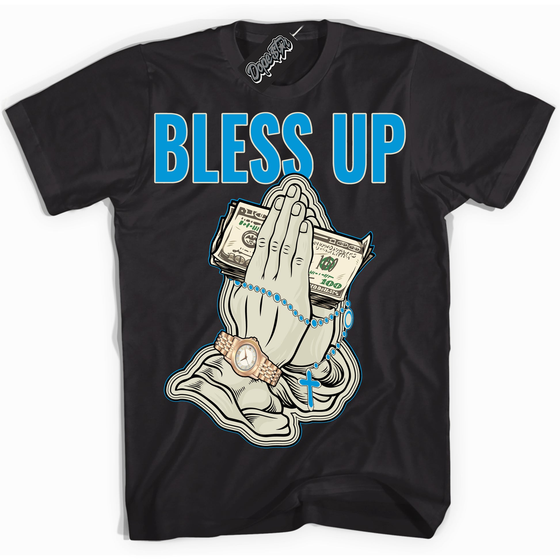 Cool Black Shirt with “Bless Up” design that perfectly matches Coconut Milk University Blue Dunk.
