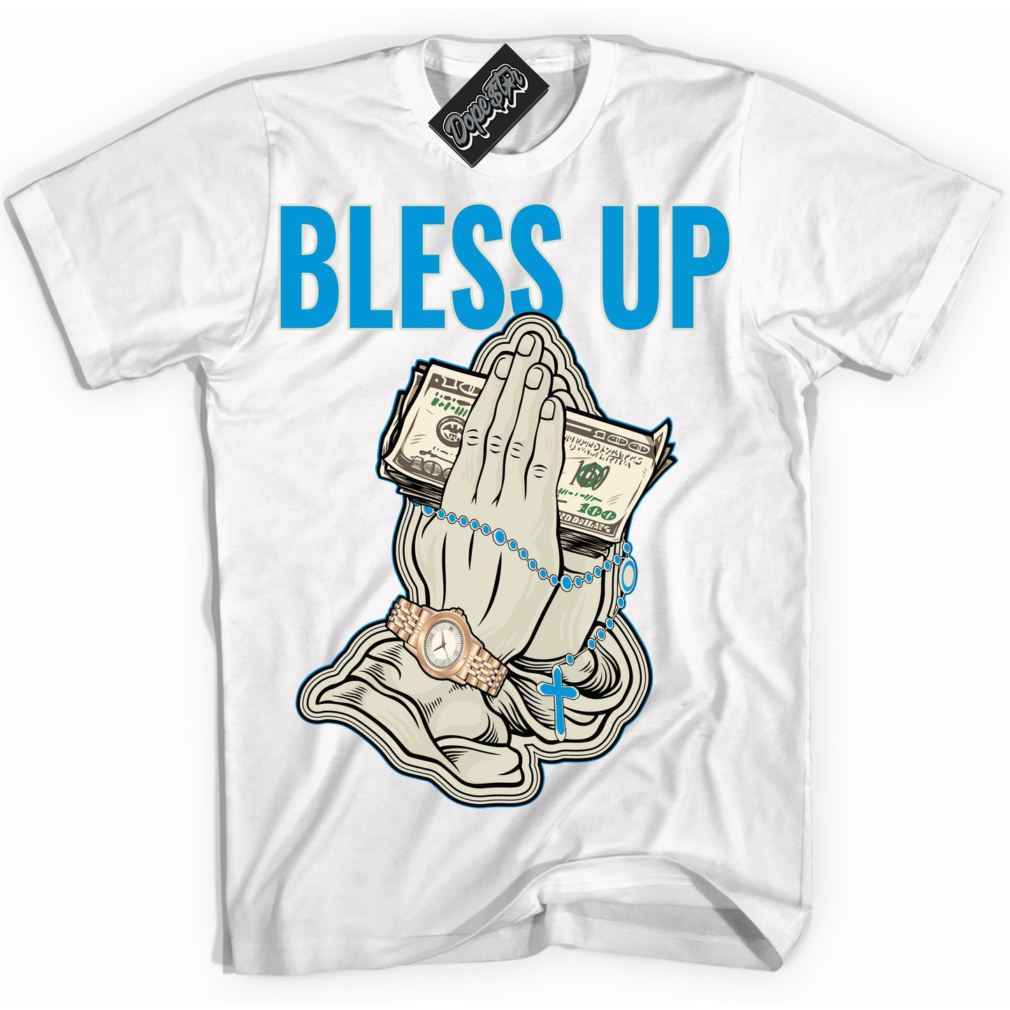 Cool White Shirt with “Bless Up” design that perfectly matches Coconut Milk University Blue Dunk.
