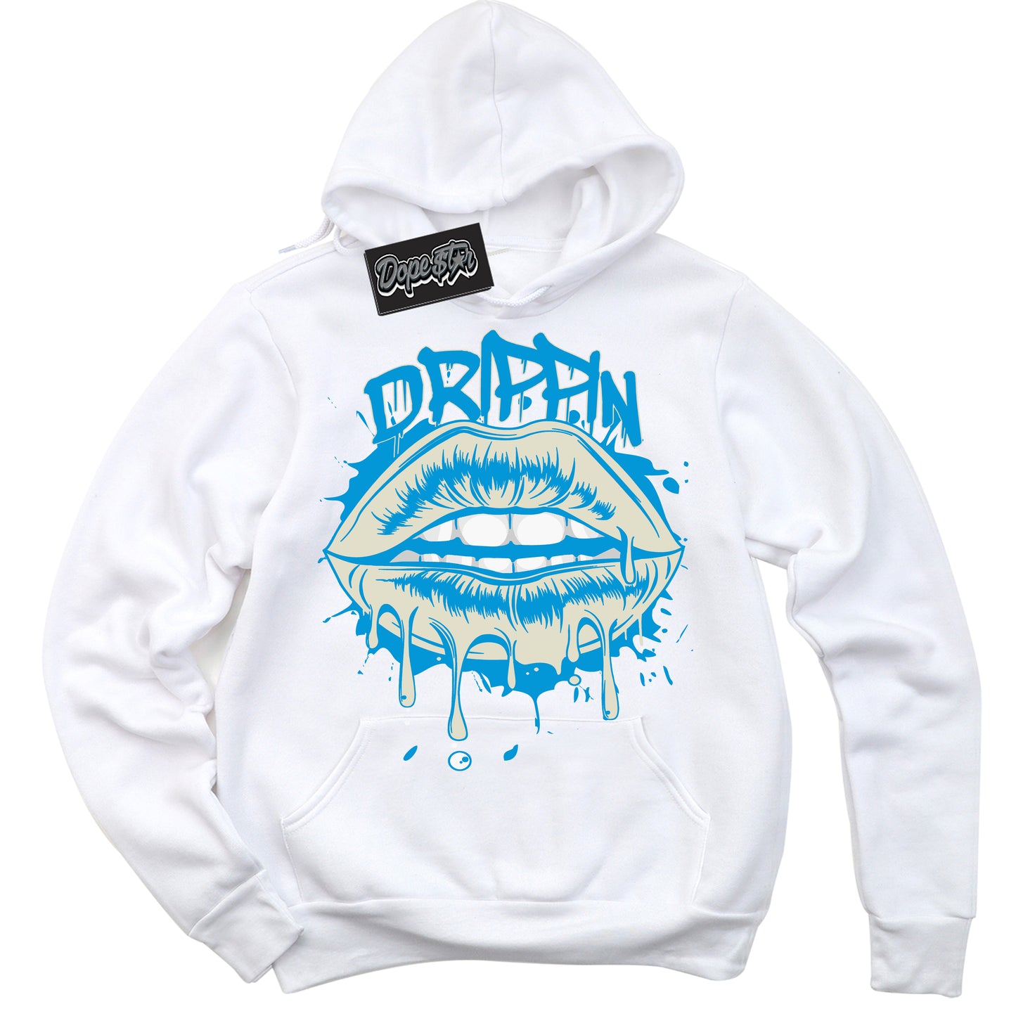 Cool White Hoodie with “Drippin” design that Perfectly Matches Coconut Milk University Blue Dunk.
