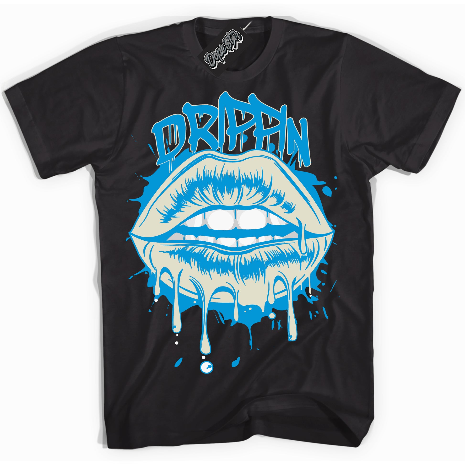 Cool Black Shirt with “Drippin” design that perfectly matches Coconut Milk University Blue Dunk.
