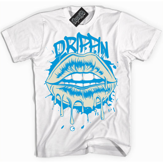 Cool White Shirt with “Drippin” design that perfectly matches Coconut Milk University Blue Dunk.
