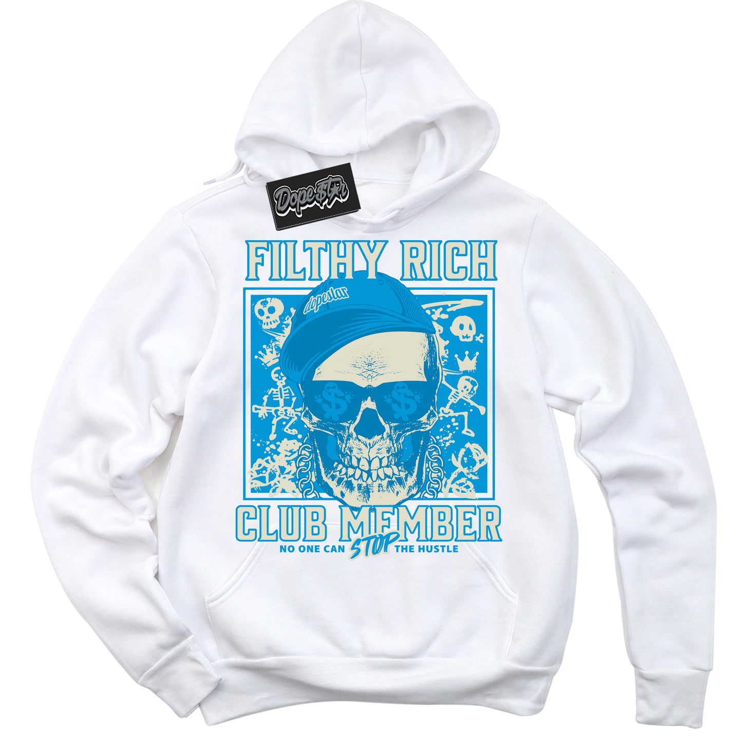 Cool White Hoodie with “Filthy Rich” design that Perfectly Matches Coconut Milk University Blue Dunk.

