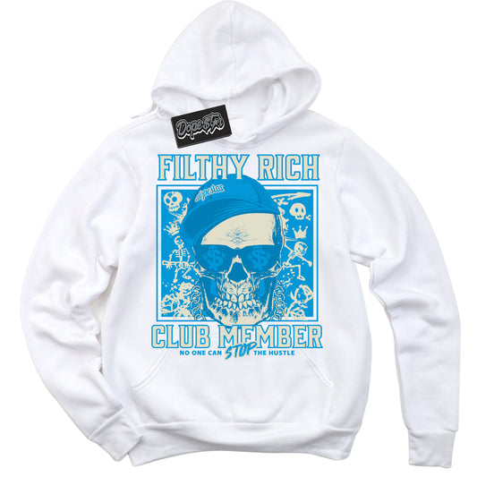 Cool White Hoodie with “Filthy Rich” design that Perfectly Matches Coconut Milk University Blue Dunk.
