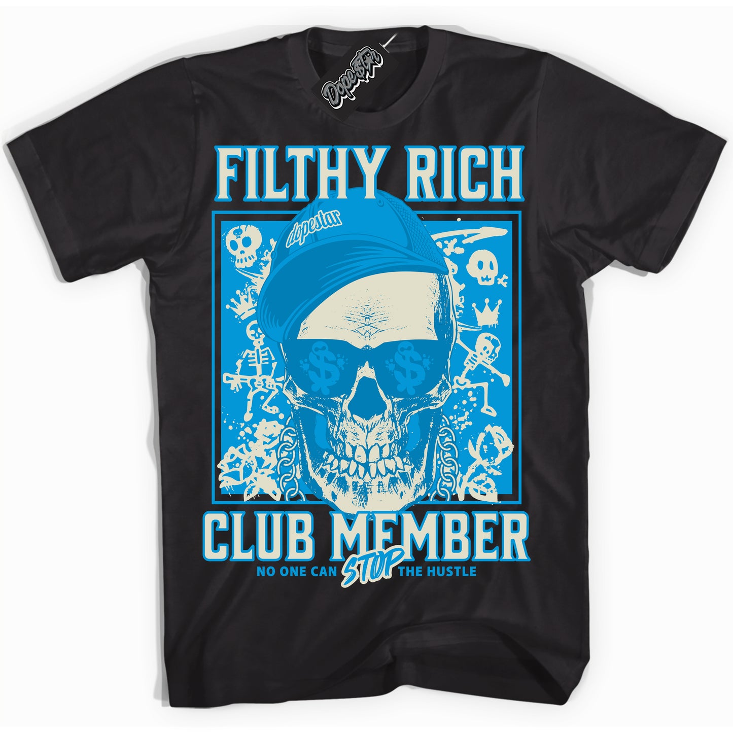 Cool Black Shirt with “Filthy Rich” design that perfectly matches Coconut Milk University Blue Dunk.
