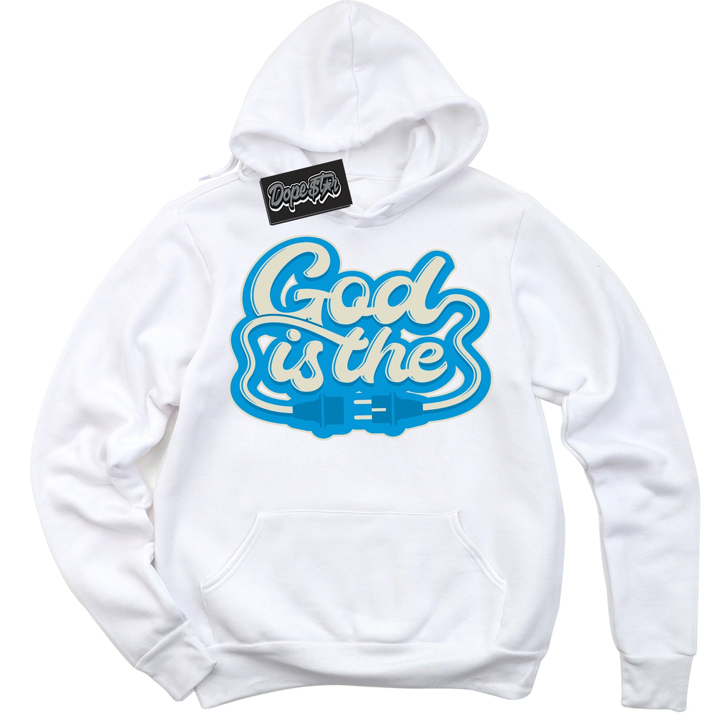 Cool White Hoodie with “God Is The” design that Perfectly Matches Coconut Milk University Blue Dunk.

