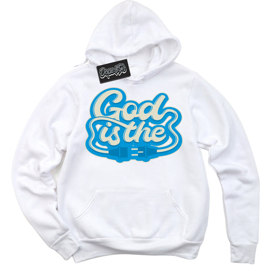 Cool White Hoodie with “God Is The” design that Perfectly Matches Coconut Milk University Blue Dunk.
