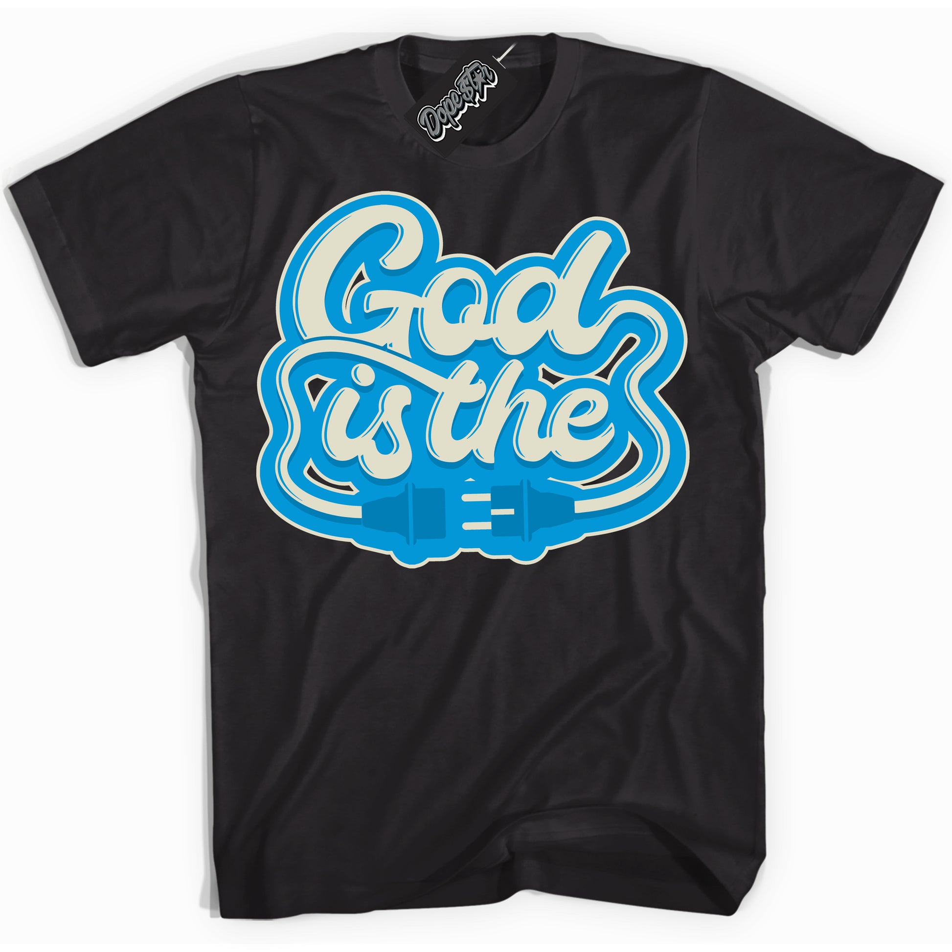 Cool Black Shirt with “God Is The” design that perfectly matches Coconut Milk University Blue Dunk.
