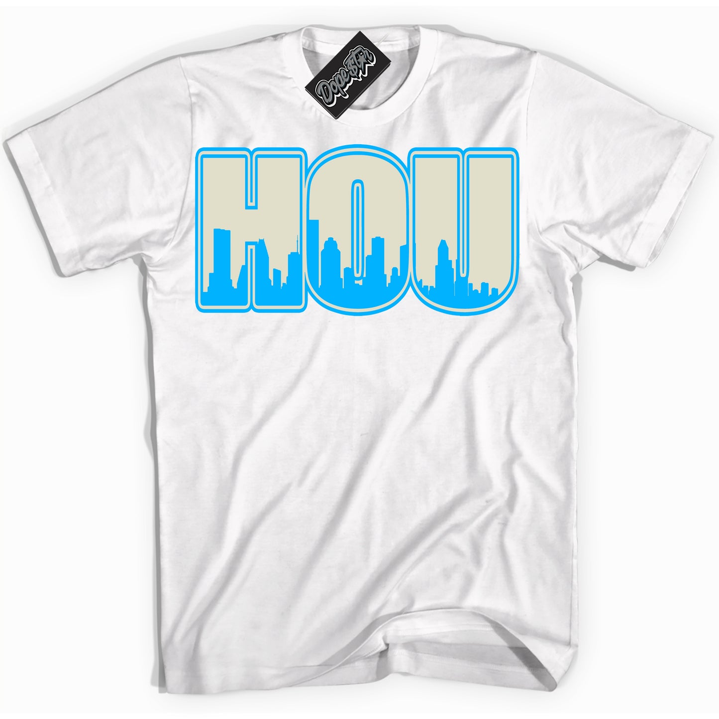 Cool White Shirt with “Houston” design that perfectly matches Coconut Milk University Blue Dunk.
