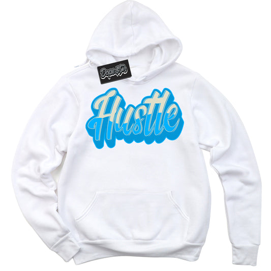 Cool White Hoodie with “Hustle” design that Perfectly Matches Coconut Milk University Blue Dunk.

