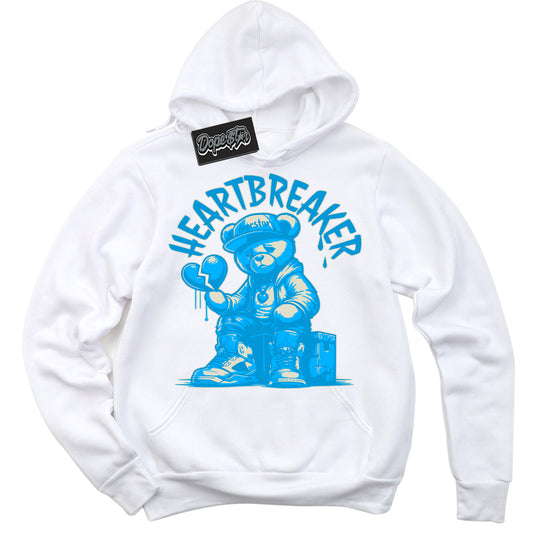 Cool White Hoodie with “Heartbreaker Bear” design that Perfectly Matches Coconut Milk University Blue Dunk.
