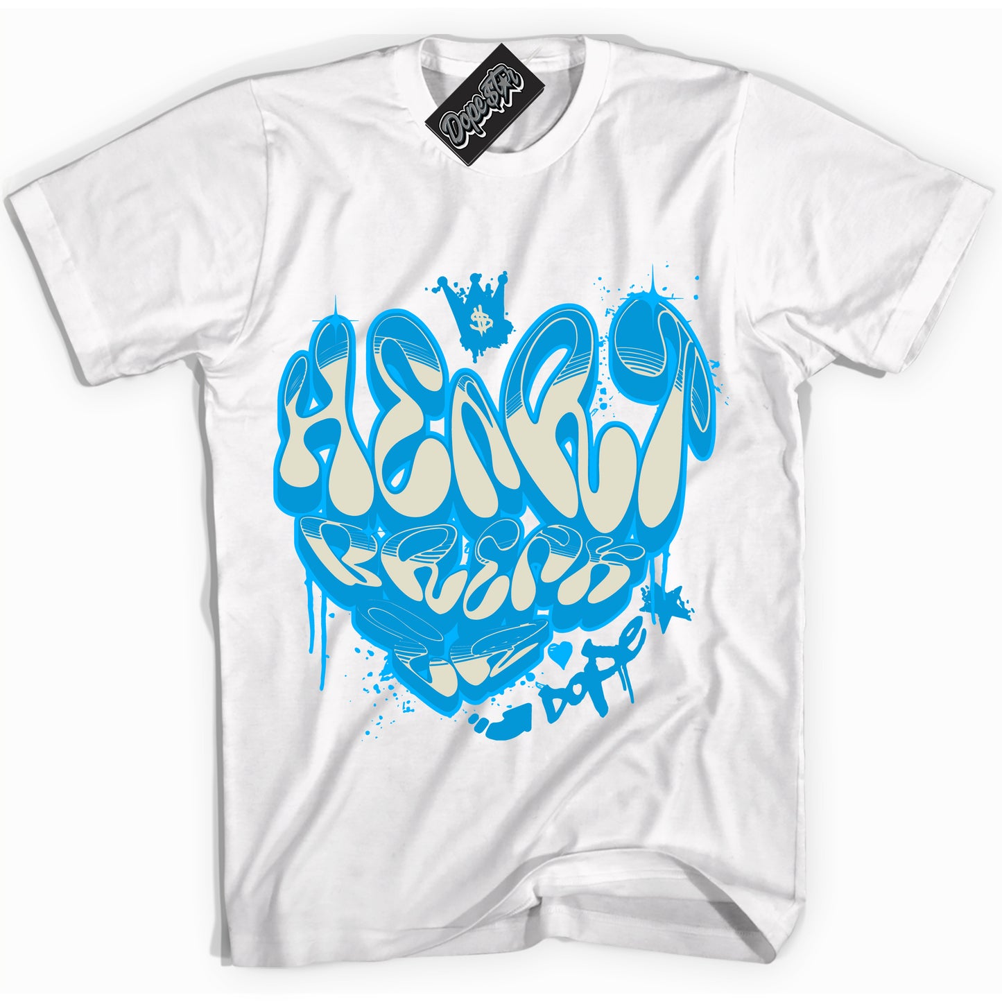 Cool White Shirt with “Heartbreaker Graffiti” design that perfectly matches Coconut Milk University Blue Dunk.
