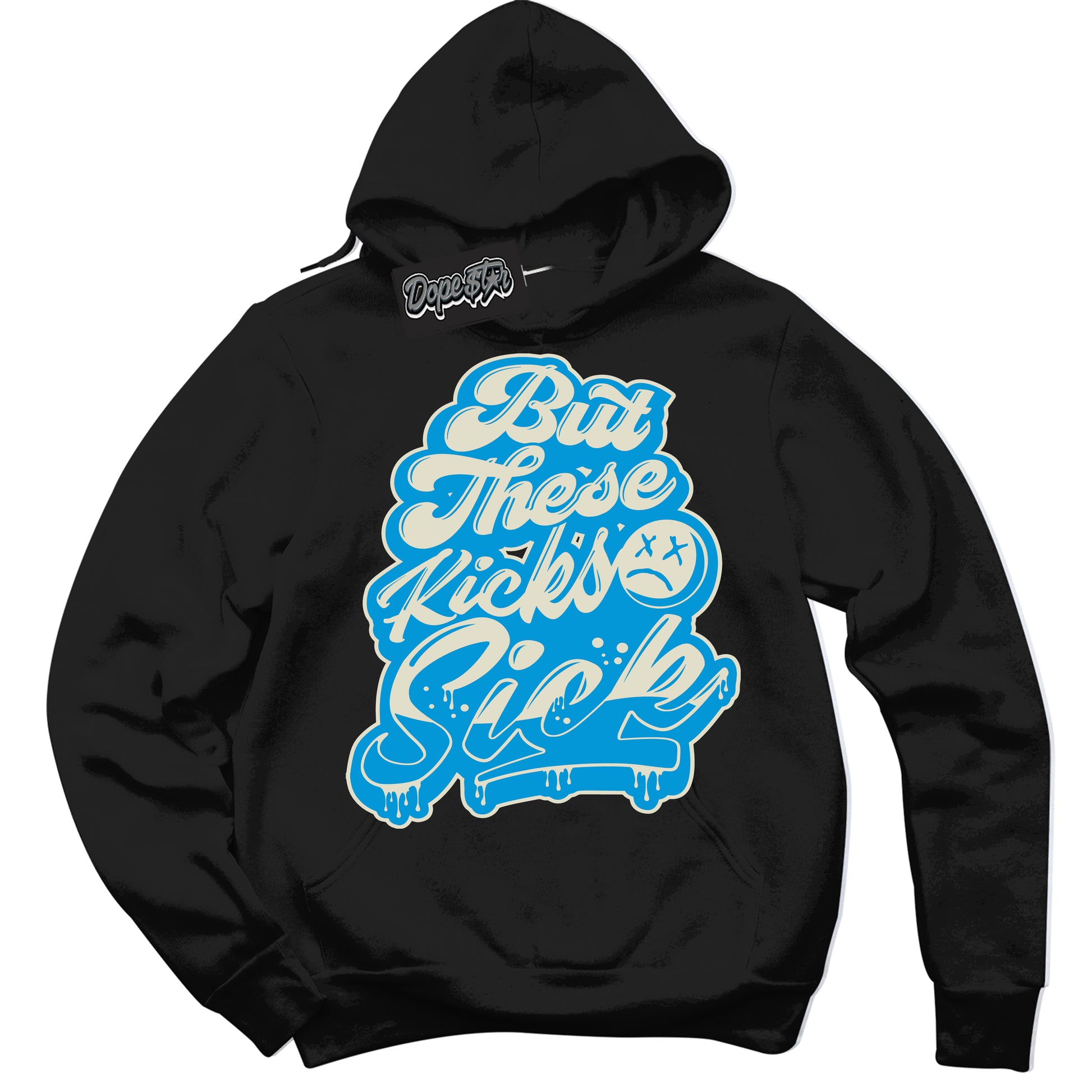 Cool Black Hoodie with “Kick Sick” design that Perfectly Matches Coconut Milk University Blue Dunk.
