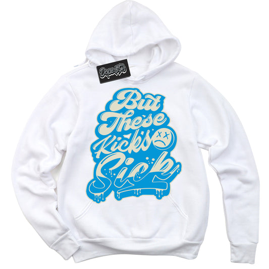 Cool White Hoodie with “Kick Sick” design that Perfectly Matches Coconut Milk University Blue Dunk.
