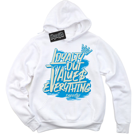 Cool White Hoodie with “Loyalty Out Values Everything” design that Perfectly Matches Coconut Milk University Blue Dunk.
