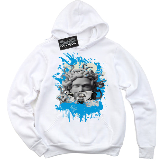 Cool White Hoodie with “Medusa” design that Perfectly Matches Coconut Milk University Blue Dunk.
