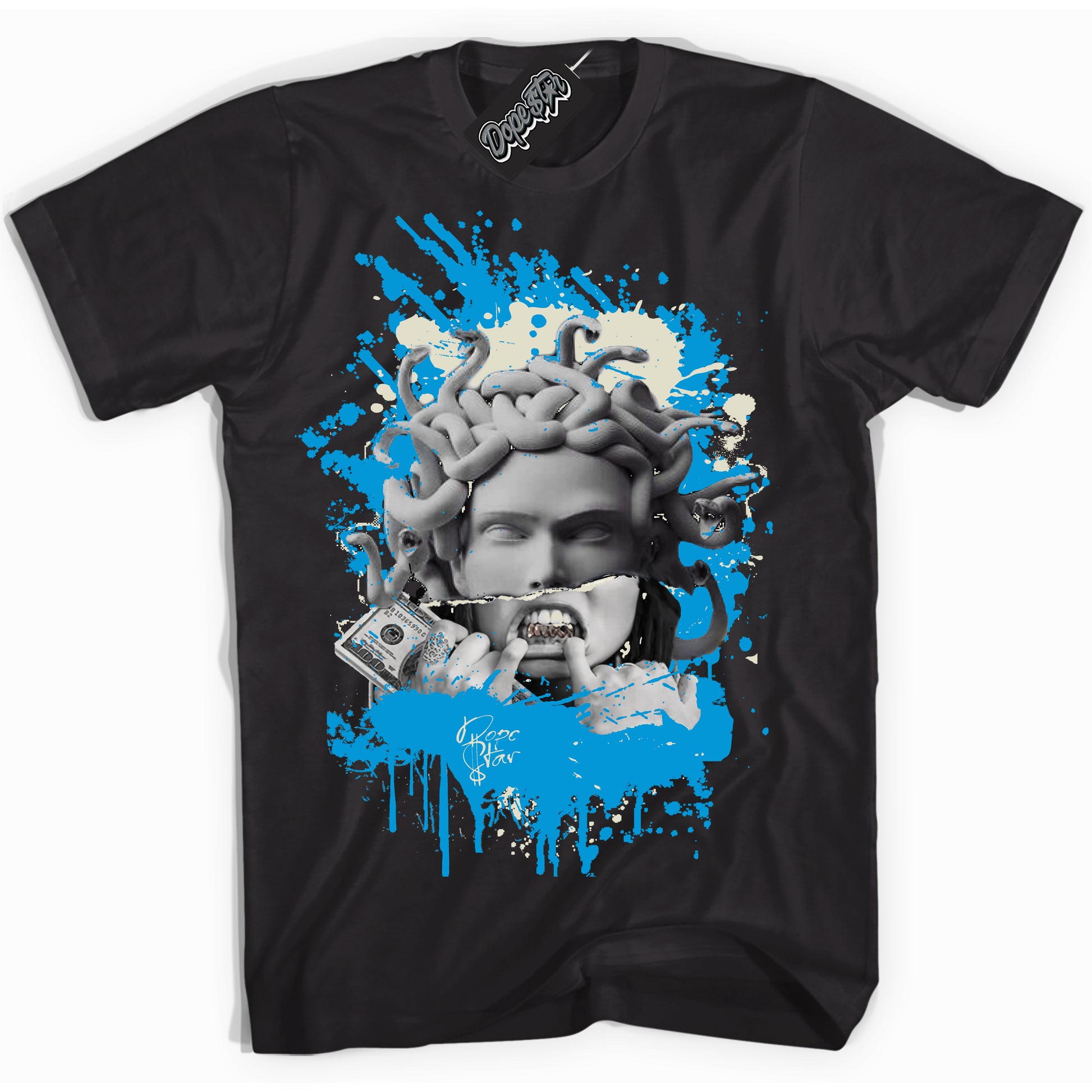 Cool Black Shirt with “Medusa” design that perfectly matches Coconut Milk University Blue Dunk.
