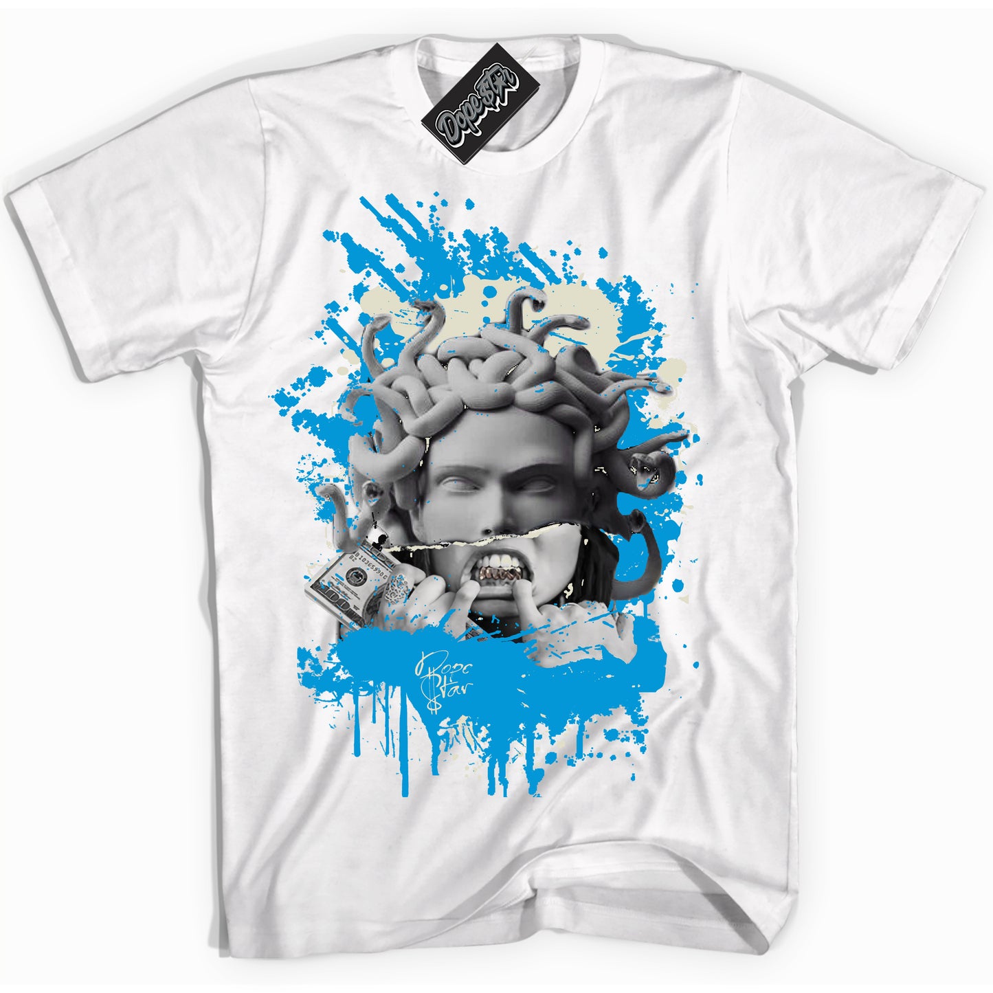 Cool White Shirt with “Medusa” design that perfectly matches Coconut Milk University Blue Dunk.
