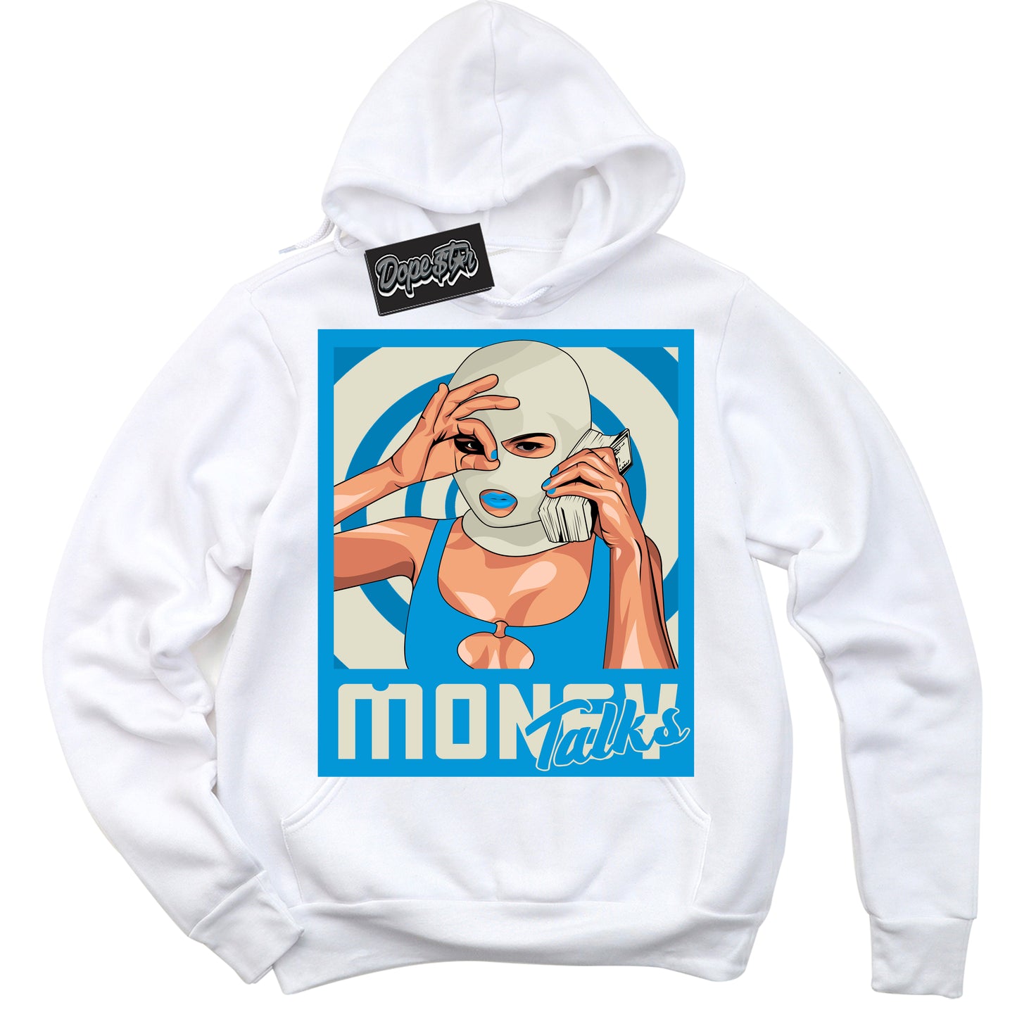 Cool White Hoodie with “Money Talks” design that Perfectly Matches Coconut Milk University Blue Dunk.
