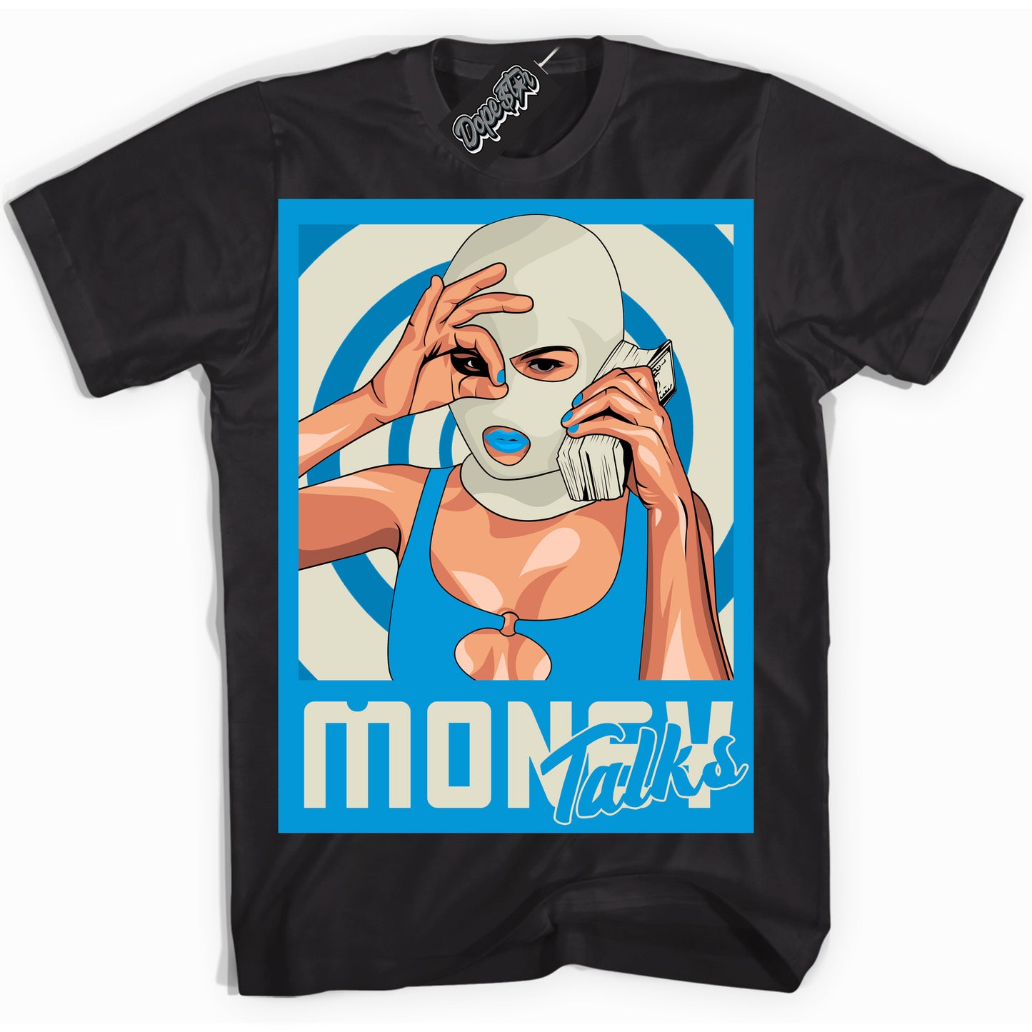 Cool Black Shirt with “Money Talks” design that perfectly matches Coconut Milk University Blue Dunk.
