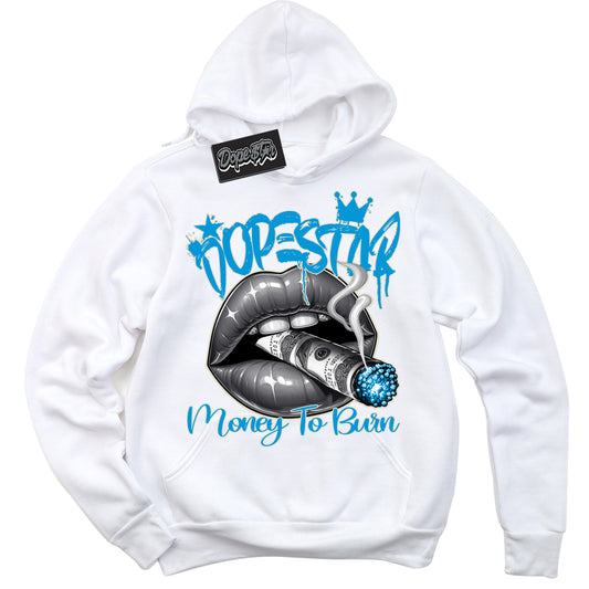 Cool White Hoodie with “Money To Burn” design that Perfectly Matches Coconut Milk University Blue Dunk.
