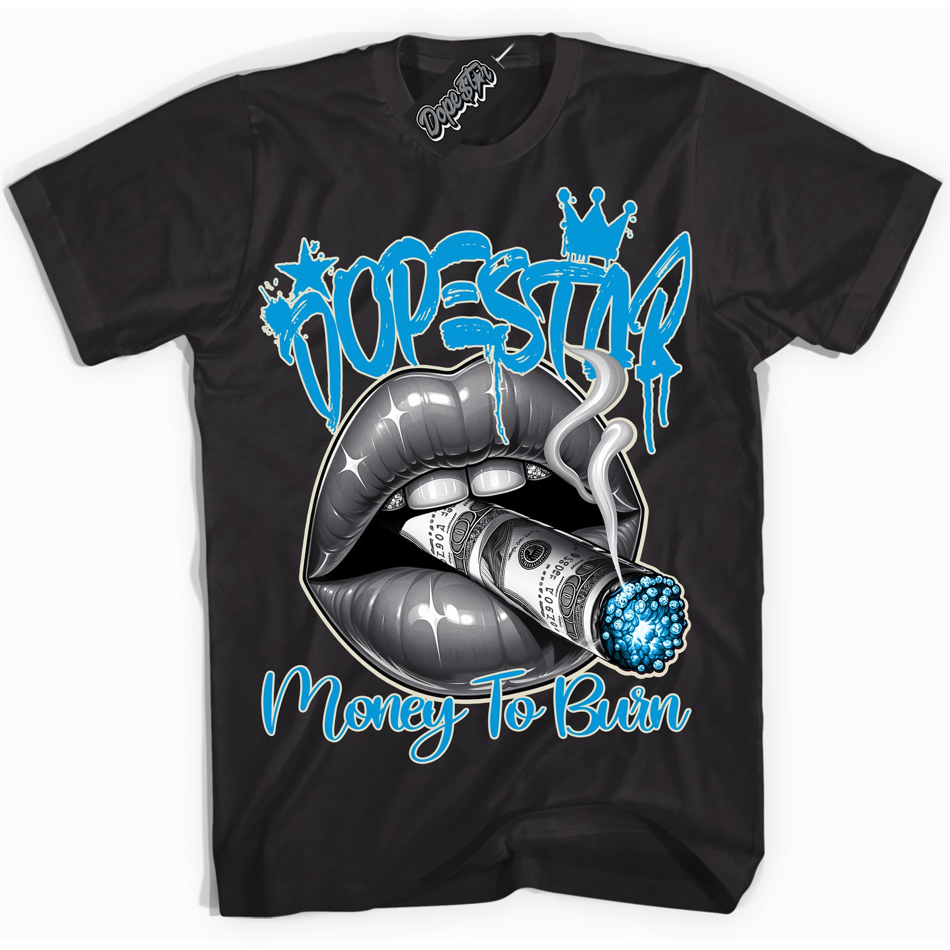 Cool Black Shirt with “Money To Burn” design that perfectly matches Coconut Milk University Blue Dunk.

