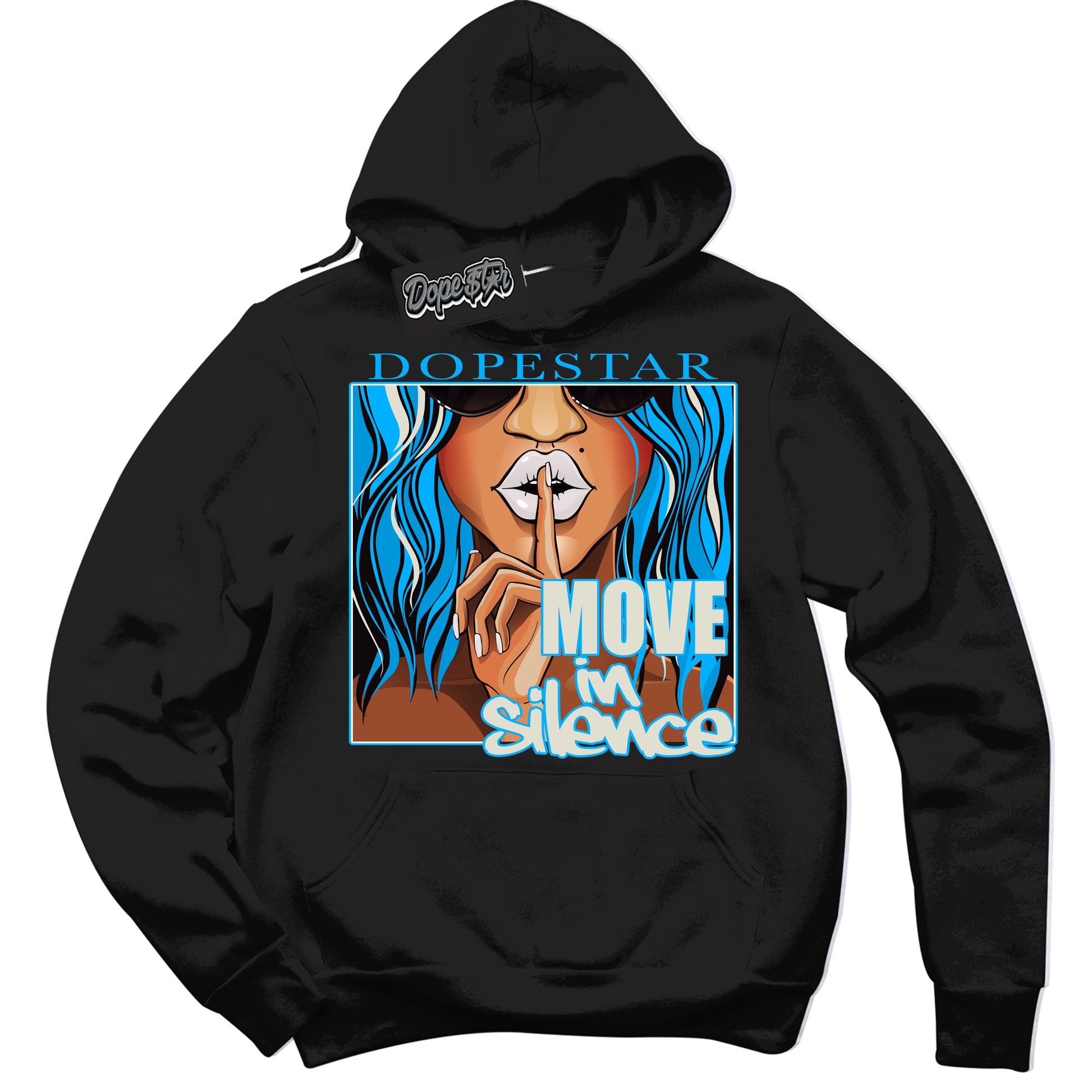 Cool Black Hoodie with “Move In Silence” design that Perfectly Matches Coconut Milk University Blue Dunk.
