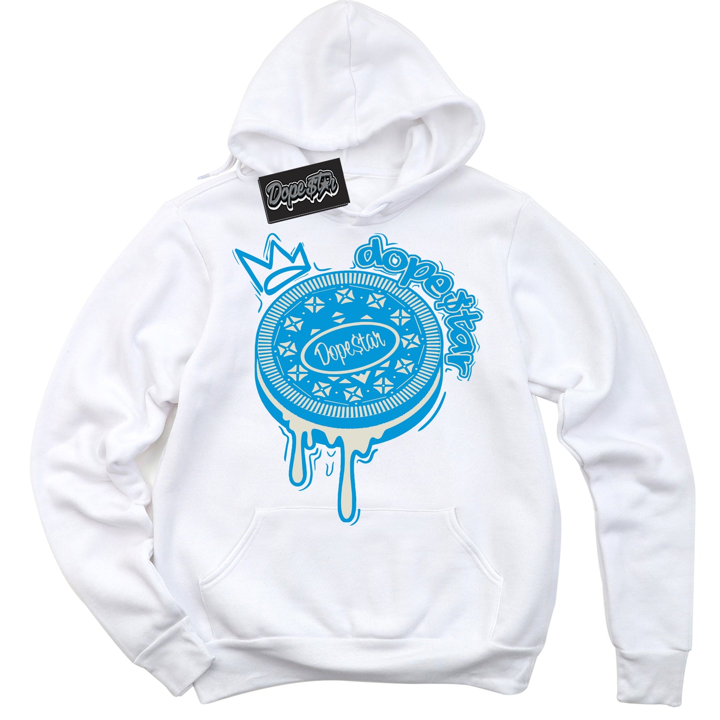 Cool White Hoodie with “Oreo DS” design that Perfectly Matches Coconut Milk University Blue Dunk.
