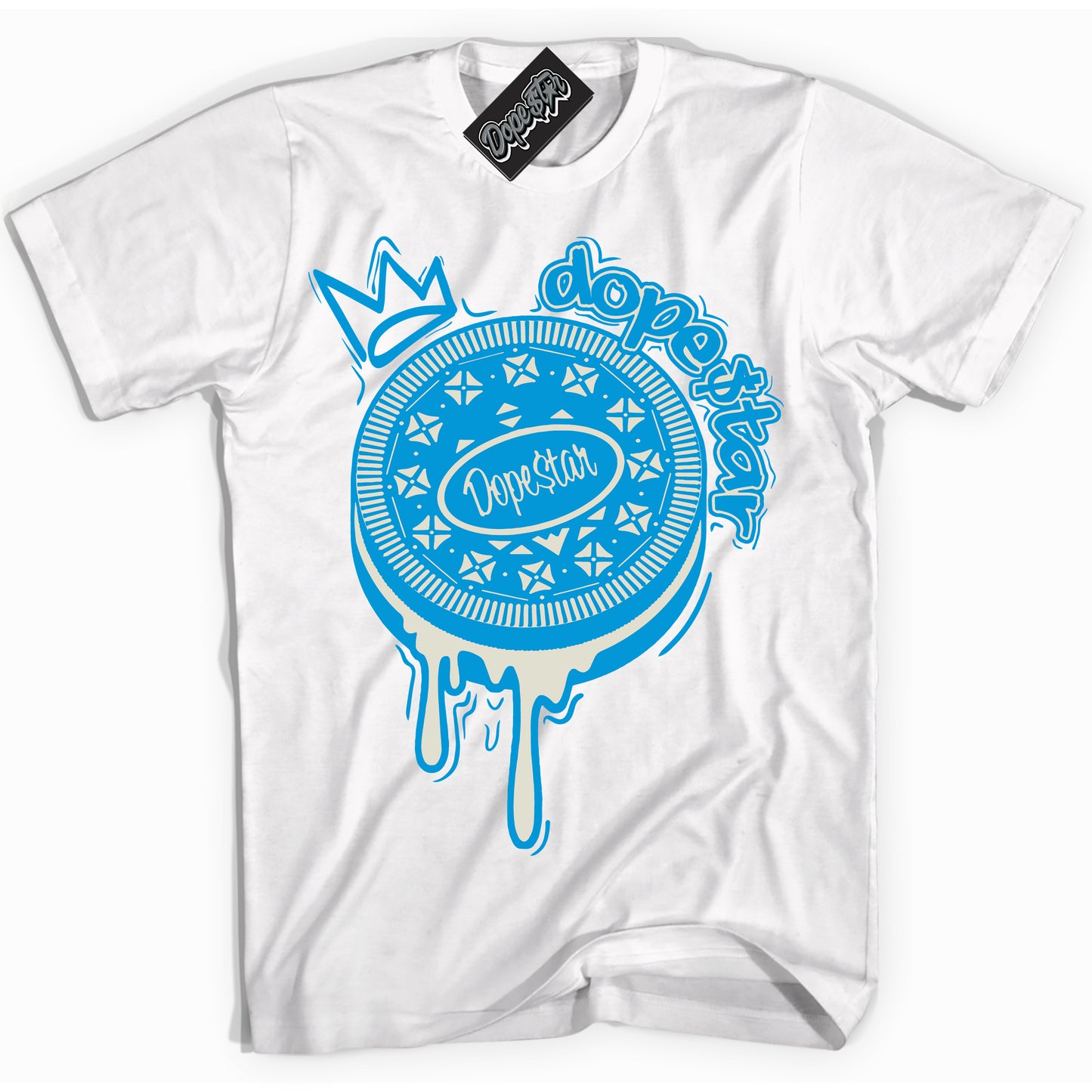 Cool White Shirt with “Oreo DS” design that perfectly matches Coconut Milk University Blue Dunk.
