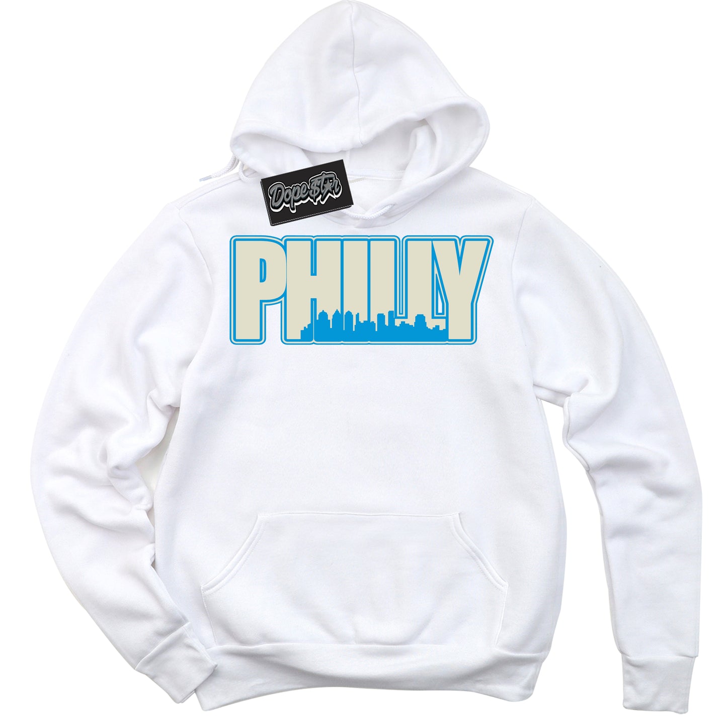 Cool White Hoodie with “Philly” design that Perfectly Matches Coconut Milk University Blue Dunk.
