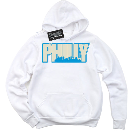 Cool White Hoodie with “Philly” design that Perfectly Matches Coconut Milk University Blue Dunk.
