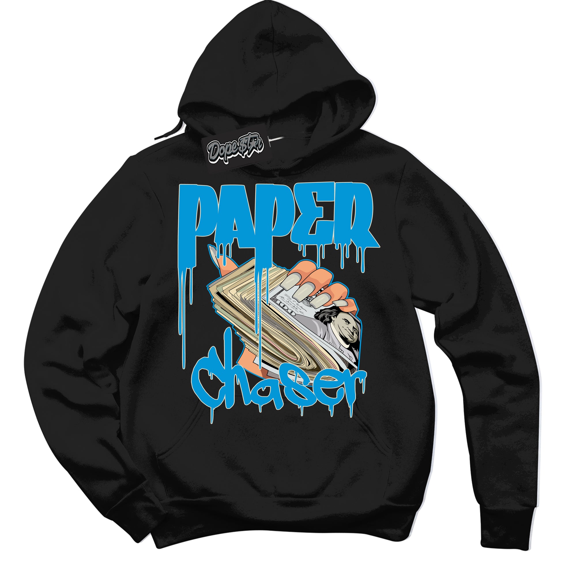Cool Black Hoodie with “Paper Chaser” design that Perfectly Matches Coconut Milk University Blue Dunk.
