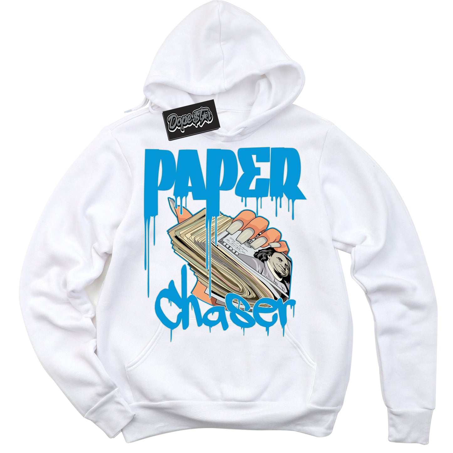 Cool White Hoodie with “Paper Chaser” design that Perfectly Matches Coconut Milk University Blue Dunk.
