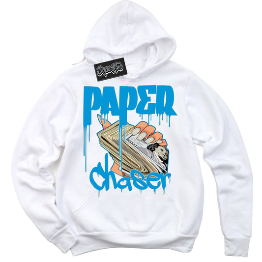 Cool White Hoodie with “Paper Chaser” design that Perfectly Matches Coconut Milk University Blue Dunk.
