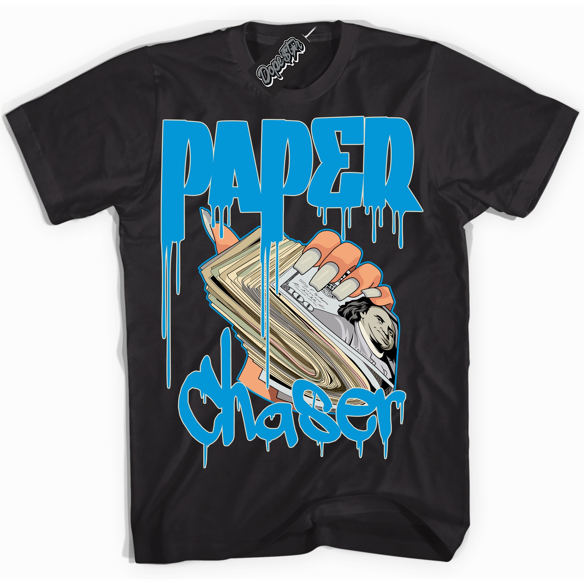 Cool Black Shirt with “Paper Chaser” design that perfectly matches Coconut Milk University Blue Dunk.
