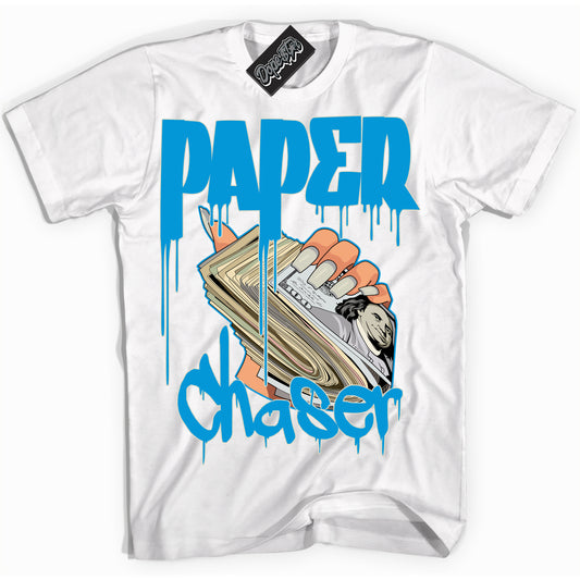 Cool White Shirt with “Paper Chaser” design that perfectly matches Coconut Milk University Blue Dunk.
