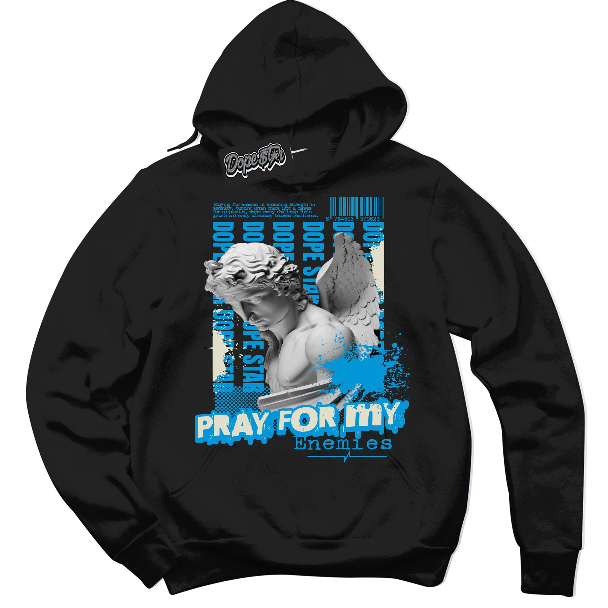 Cool Black Hoodie with “Pray Enemies” design that Perfectly Matches Coconut Milk University Blue Dunk.
