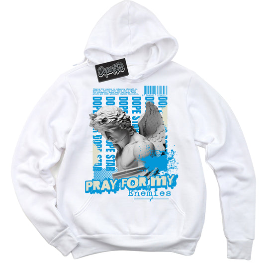 Cool White Hoodie with “Pray Enemies” design that Perfectly Matches Coconut Milk University Blue Dunk.
