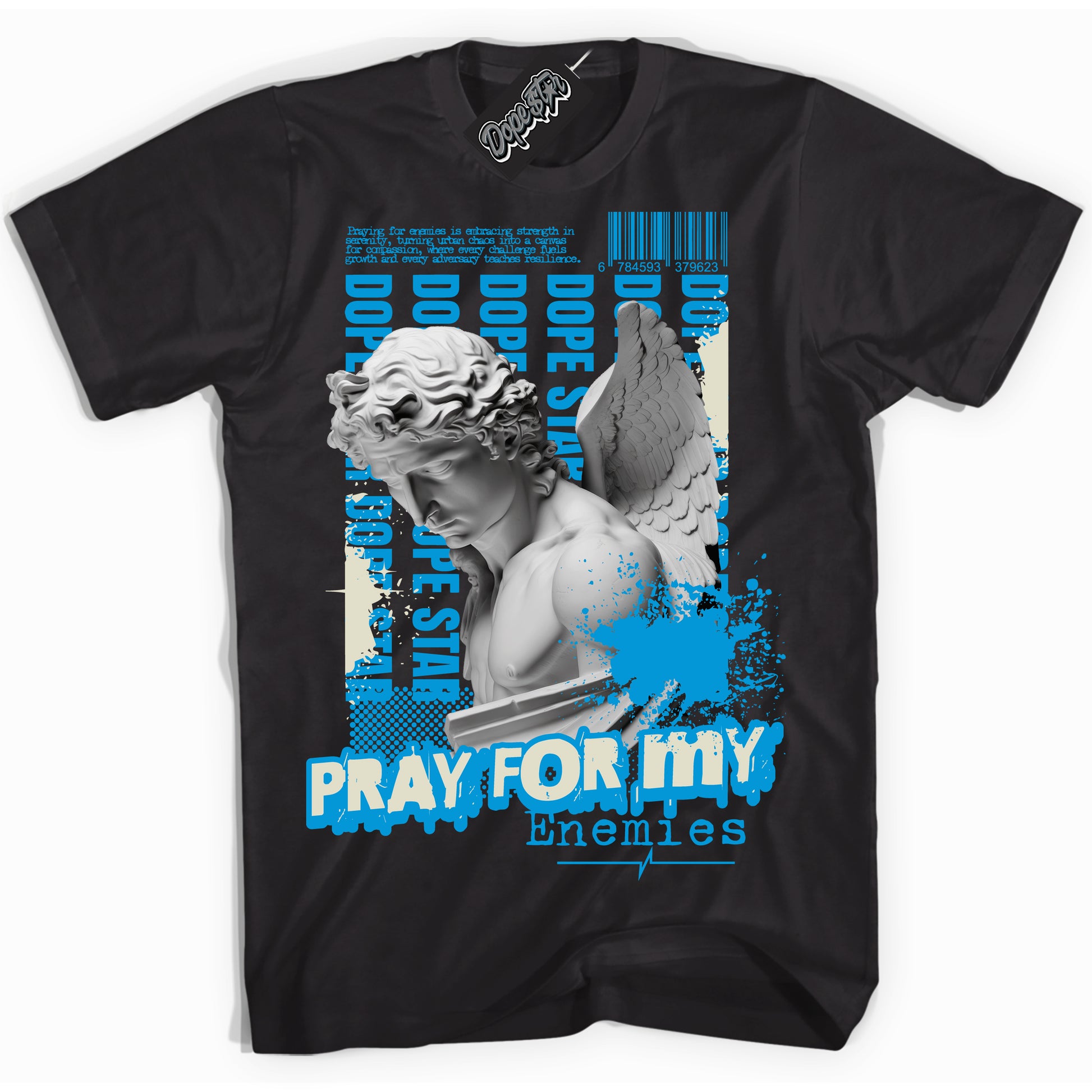 Cool Black Shirt with “Pray Enemies” design that perfectly matches Coconut Milk University Blue Dunk.
