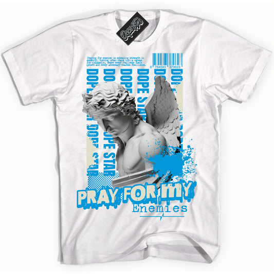 Cool White Shirt with “Pray Enemies” design that perfectly matches Coconut Milk University Blue Dunk.
