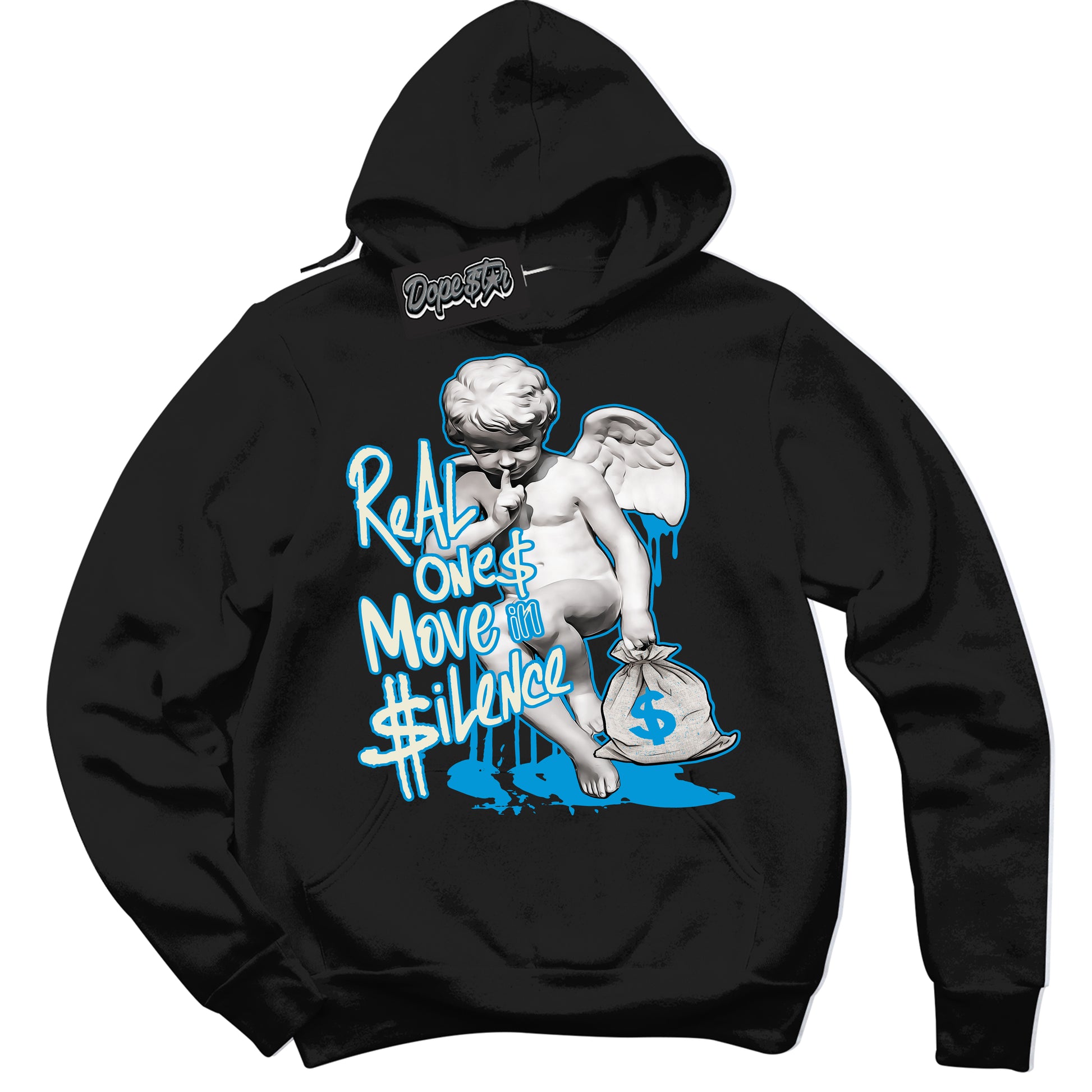 Cool Black Hoodie with “Real Ones Cherub” design that Perfectly Matches Coconut Milk University Blue Dunk.

