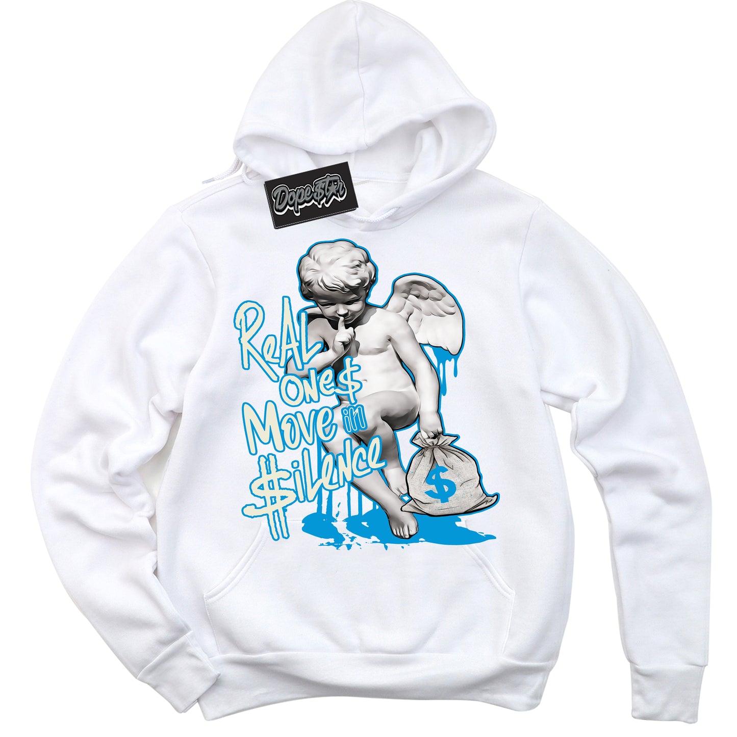Cool White Hoodie with “Real Ones Cherub” design that Perfectly Matches Coconut Milk University Blue Dunk.
