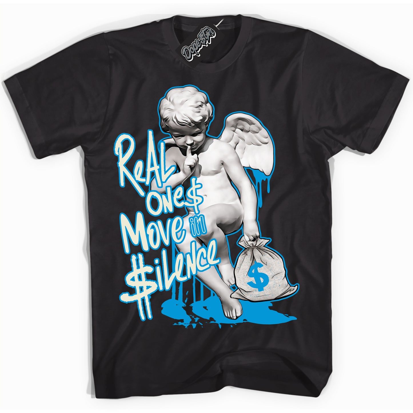 Cool Black Shirt with “Real Ones Cherub” design that perfectly matches Coconut Milk University Blue Dunk.

