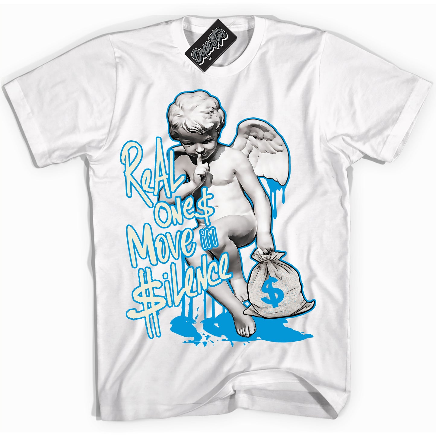 Cool White Shirt with “Real Ones Cherub” design that perfectly matches Coconut Milk University Blue Dunk.
