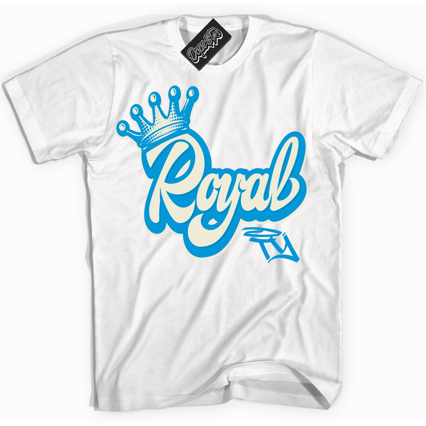 Cool White Shirt with “Royalty” design that perfectly matches Coconut Milk University Blue Dunk.
