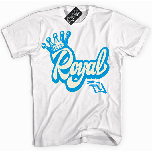 Cool White Shirt with “Royalty” design that perfectly matches Coconut Milk University Blue Dunk.
